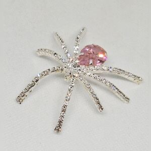 Rhinestone Spider Brooch Silver Tone Crystal Pink Teardrop Statement Pin